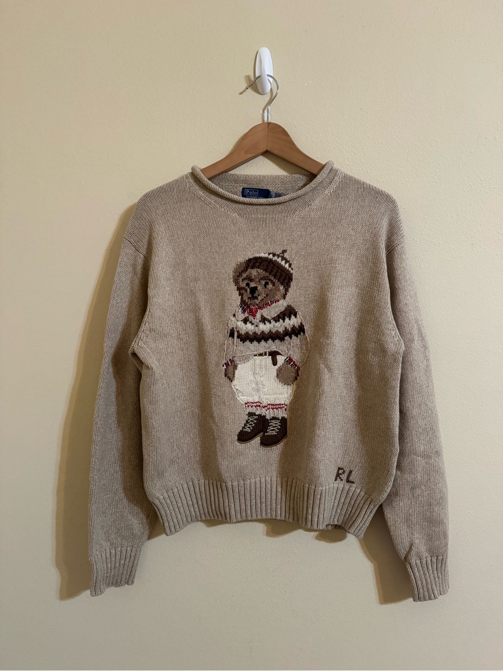 Polo Ralph Lauren New Fair Isle Bear Cotton Roll Neck Sweater Beige Medium